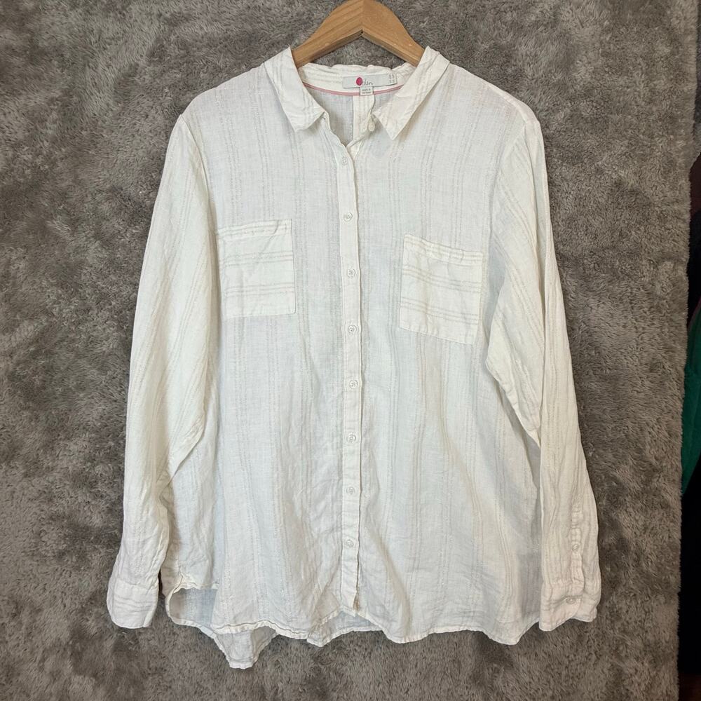 Boden Button Down Linen Shirt 16 16R Ivory Gold Metallic Stripe Pinstripe